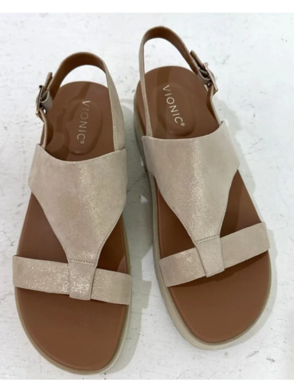 Vionic Alondra Lug Arch Support Platform Light Gold Cream Sparkle Sandals Sz 10